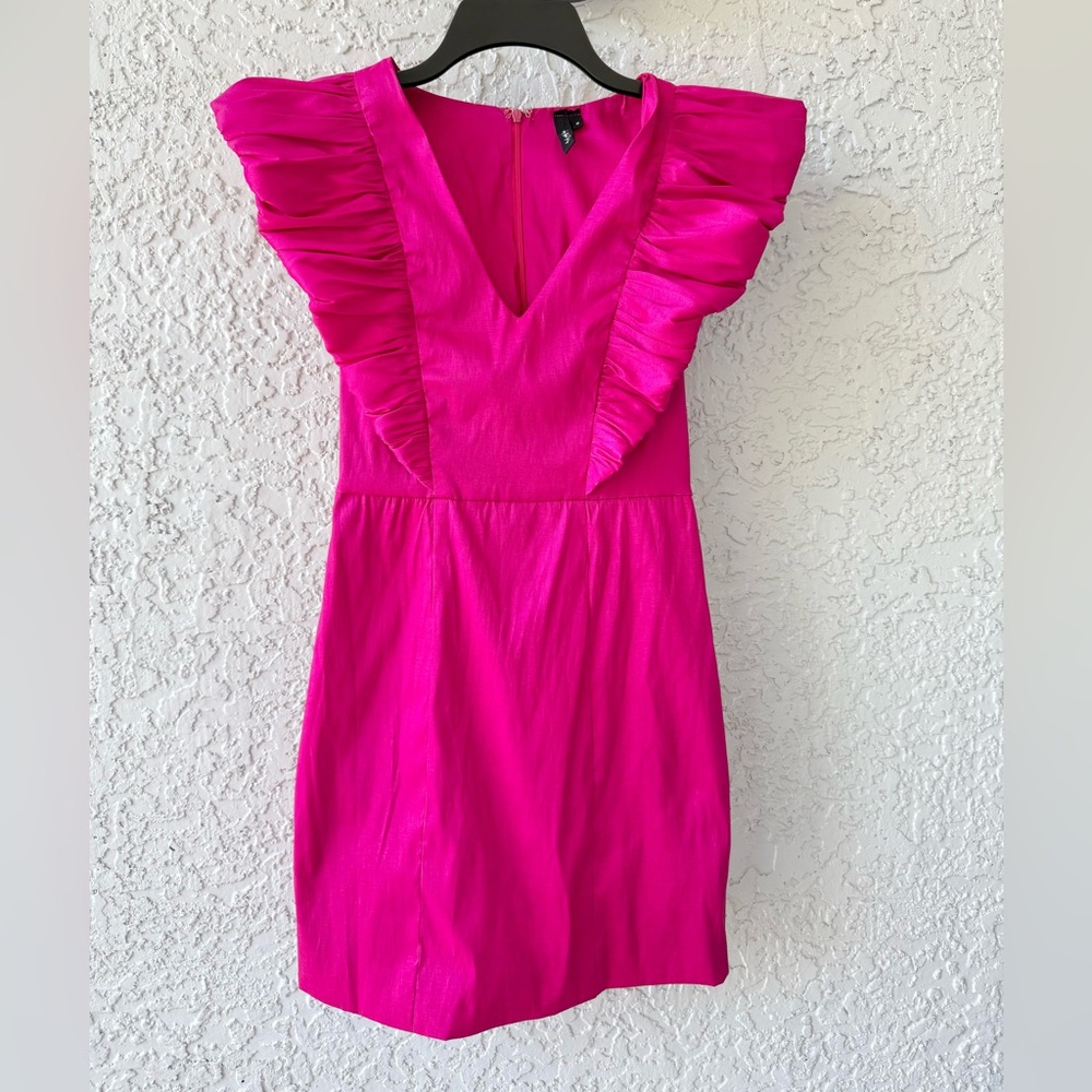 Bandit and the babe Hot Pink Ruffle Sleeve V-Neck Mini Dress Medium